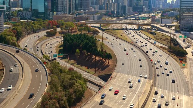 Atlanta, Georgia. Urban highway road interchange connecting interstate freeways. Complex road design and metropolitan development in USA.