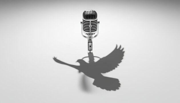 Silver retro microphone casting shadow of bird taking flight on plain white surface.