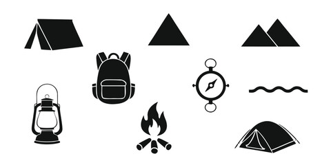 Minimalist camping icon set including tent silhouettes backpacks compass lantern and mountains for hiking maps mobile apps and outdoor recreation infographics © Sadhin07