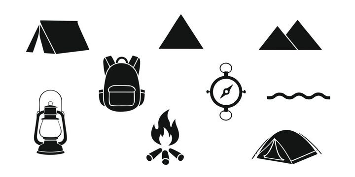 Minimalist camping icon set including tent silhouettes backpacks compass lantern and mountains for hiking maps mobile apps and outdoor recreation infographics