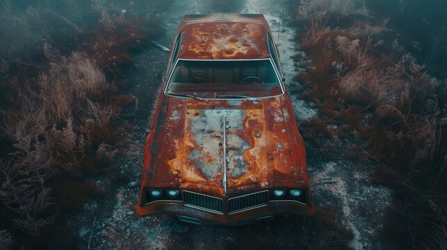 Drone shot of abandoned classic car in morning fog Canon EOS R5 35mm f18