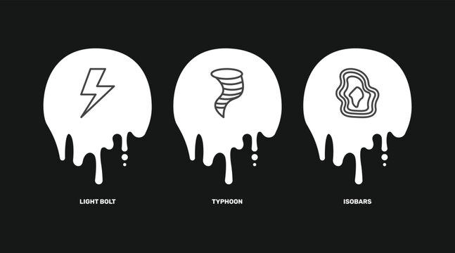 weather icon set with light bolt, typhoon, isobars signs in flat outline style
