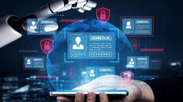 Futuristic Digital Security Concept with Robot Hand Displaying Personal Data and Cyber Protection Elements in a Tech Environment. Entropy.