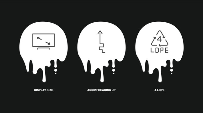 user interface icon set with display size, arrow heading up, 4 ldpe signs in flat outline style