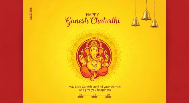 Lord Ganesha depicted in a vibrant orange and yellow graphic design illustration for the traditional Hindu festival of Ganesh Chaturthi featuring hanging gold temple bells
