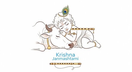 Fototapeta premium Little baby Krishna sleeping peacefully next to a gentle white cow with a peacock feather and a golden flute in a beautiful minimalist line art style