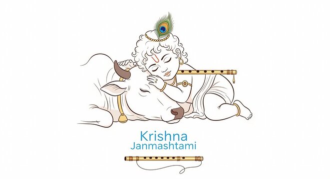 Little baby Krishna sleeping peacefully next to a gentle white cow with a peacock feather and a golden flute in a beautiful minimalist line art style