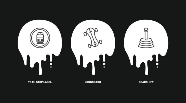 transportation icon set with tram stop label, longboard, gearshift signs in flat outline style