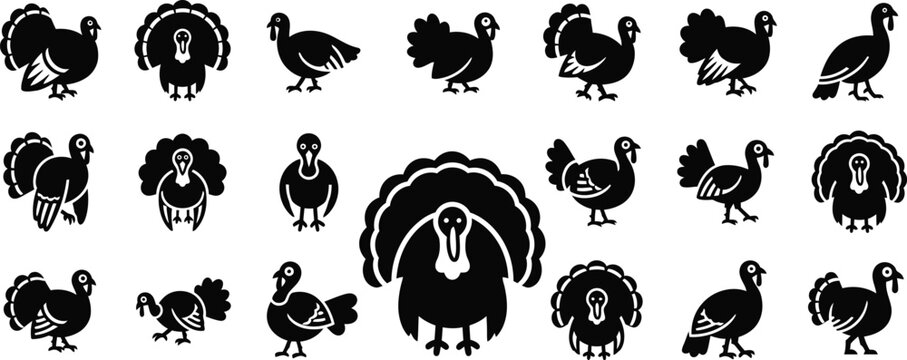 Turkey icons collection diverse poses and silhouettes