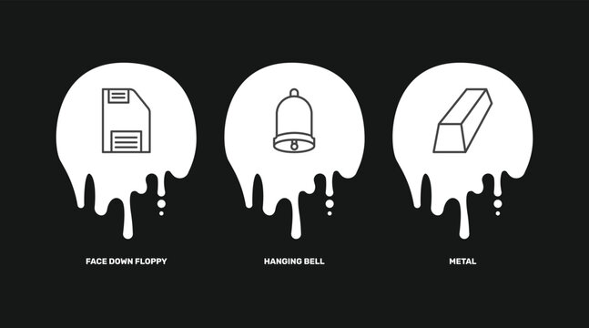 tools and utensils icon set with face down floppy disk, hanging bell, metal signs in flat outline style