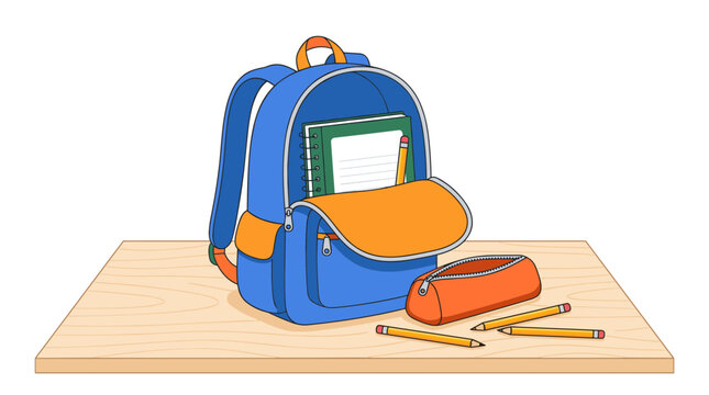 Blue backpack open with school supplies on a wooden desk