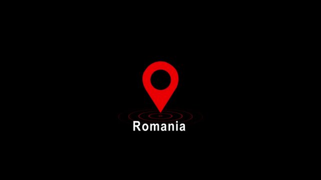 Red location pin icon with Romania text on black background image photo 4k video...