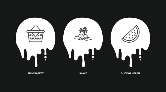 summer icon set with pinic basket, island, slice of melon signs in flat outline style