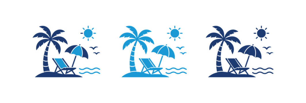 A set of three vector illustrations depicting a relaxing tropical beach scene with a palm tree lounge chair parasol waves and sun in shades of blue