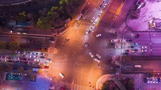 Aerial Night Traffic at Busy City Intersection