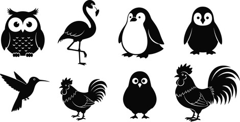 Set of Cute Bird Silhouettes Featuring Owl Flamingo Penguin Hummingbird and Rooster Characters for Kids Nursery Decor Childrens Stickers and Creative Animal Graphic Designs © MstMonjila