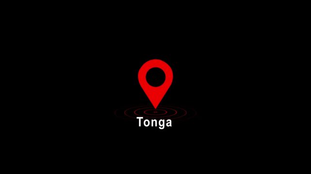 Red location pin icon with Tonga text on black background image photo 4k video...