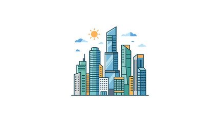 Obraz premium Modern Cityscape Illustration with Tall Buildings, Sun, and Clouds