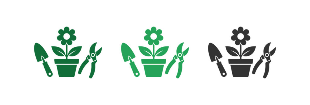 A collection of flat vector gardening icons showing a flower in a pot flanked by a hand trowel and pruning shears in green and black variations