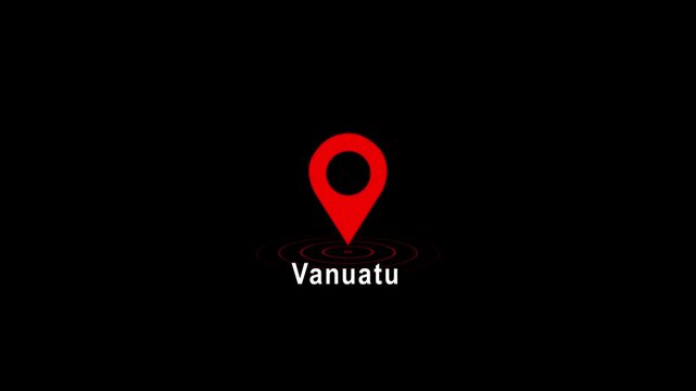 Red location pin icon with Vanuatu text on black background image photo 4k video...