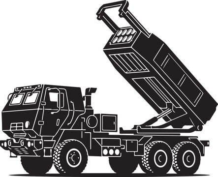 Military missile launcher truck vector illustration. Army rocket launcher silhouette. MLRS mobile defense system. Ballistic missile carrier. Heavy military transport. Tactical rocket artillery. Weapon