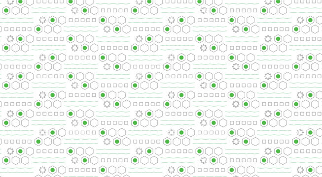Seamless geometric pattern background featuring circles, dotted lines, and connected shapes. Modern repeating design creates a clean technological texture with decorative rhythm. Perfect for fabric pr