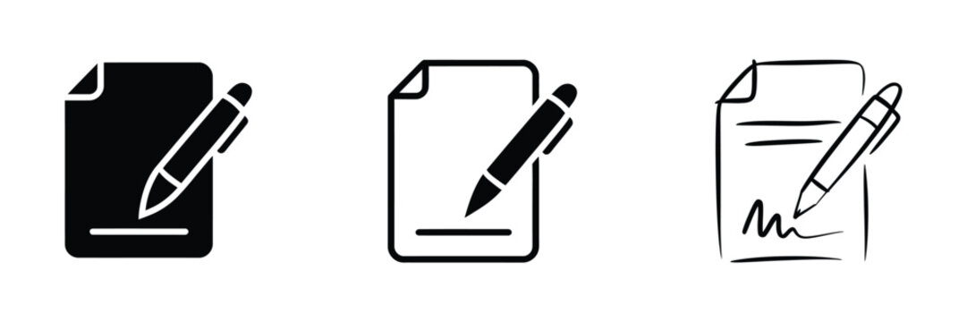 Contract signing icons featuring a pen and document in solid, outline, and hand drawn sketch styles for legal, business, and agreement concepts.