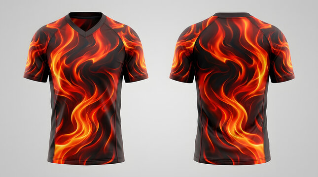Flame patterned black short sleeve shirts with orange and yellow fire design on fabric for men in v neck and crew neck styles.