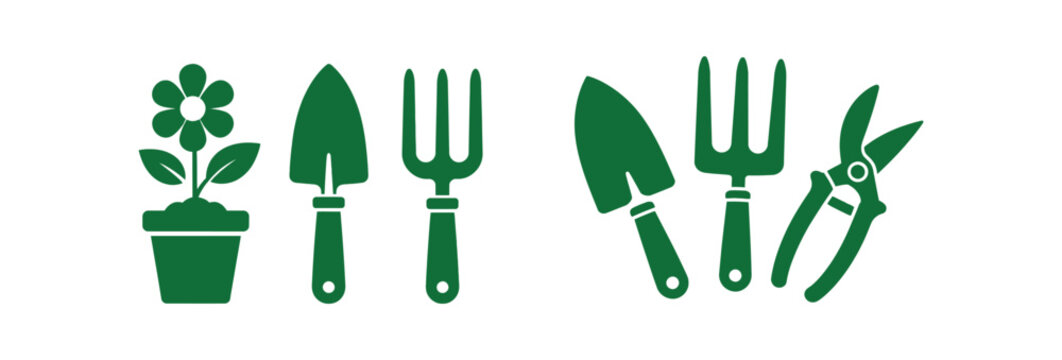 A collection of green flat icons representing gardening equipment including a potted flower trowel hand fork and pruning shears