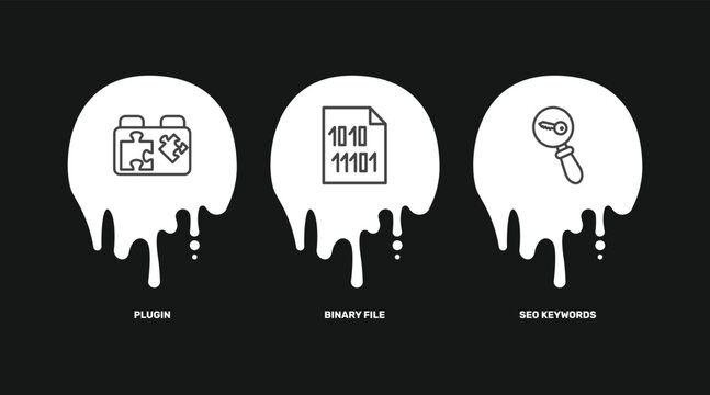 information technology icon set with plugin, binary file, seo keywords signs in flat outline style