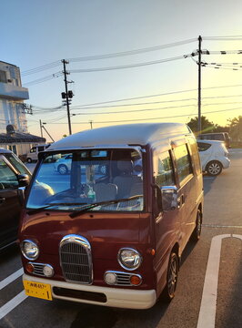 Nago, Japan - May 20, 2026. Subaru Sambar Dias Classic in the Sunset Lighting