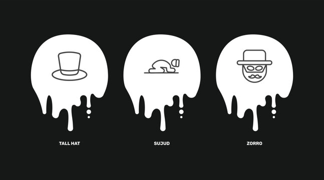 people and relation icon set with tall hat, sujud, zorro signs in flat outline style