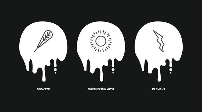 nature icon set with obovate, shining sun with rays, element signs in flat outline style