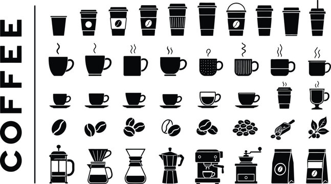 Comprehensive collection of flat black coffee vector icons featuring various cups mugs beans brewing equipment and packaging design elements