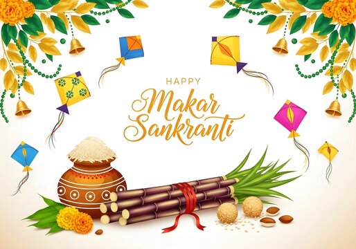 Makar sankranti festival illustration with kites and sugarcane