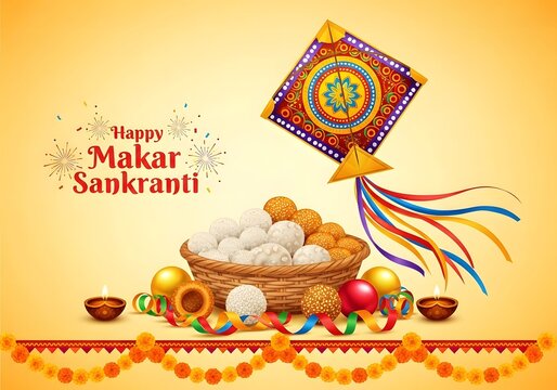 Makar sankranti festival kite and sweets
