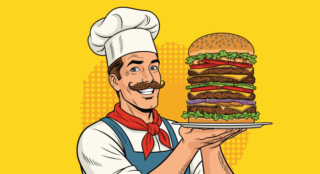 Friendly moustachioed chef in a white hat proudly presents a massive multi-layered hamburger on a silver platter for a hungry customer.