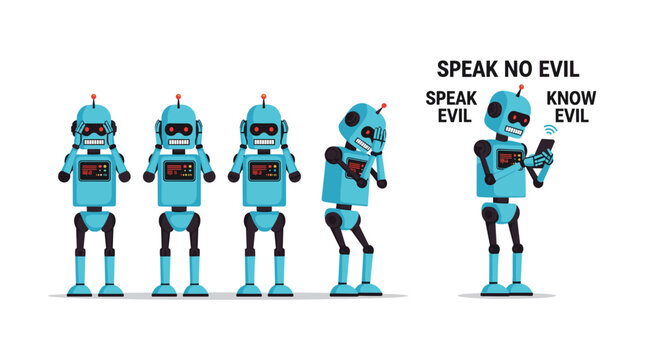 Group of blue robots illustrates the classic three wise monkeys theme with a modern twist including a fourth robot using a smartphone.