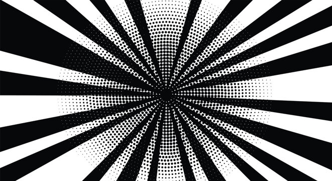 Abstract black and white background design featuring a dynamic radial burst pattern with a halftone dot texture in the center of the image.
