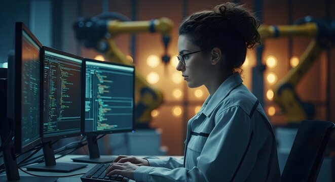 Focused female engineer programming advanced robotics software on multiple computer monitors inside a modern industrial facility