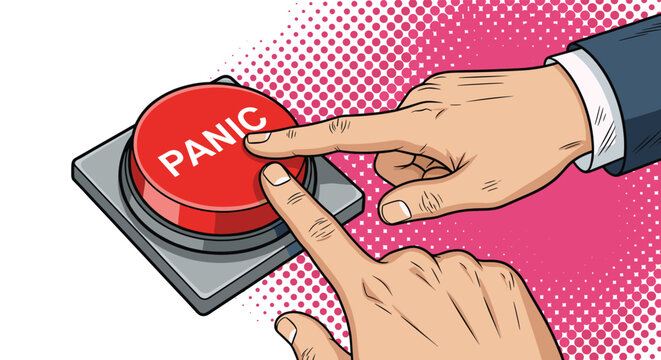 Two hands reach out simultaneously to press a large red panic button on a gray base against a pink halftone dot background illustration.