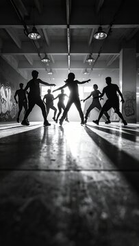 Energetic street dance crew performing in a concrete urban indoor location