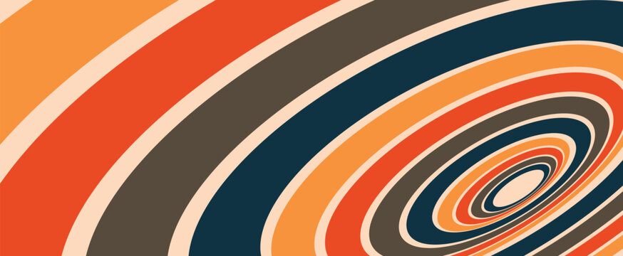 Retro 70s abstract background with concentric rainbow curves and concentric tunnels