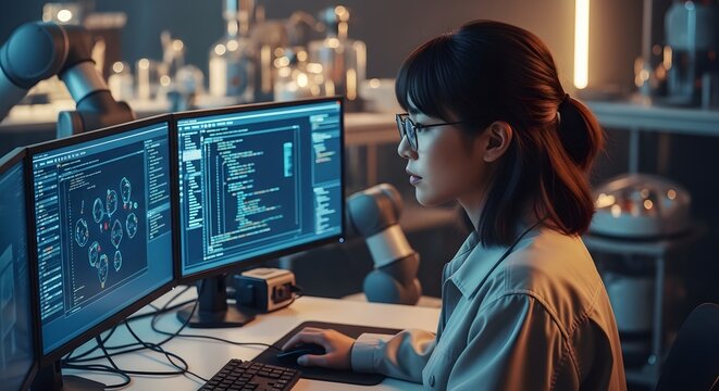 Focused young female scientist working on complex programming code using multiple monitors in a laboratory setting