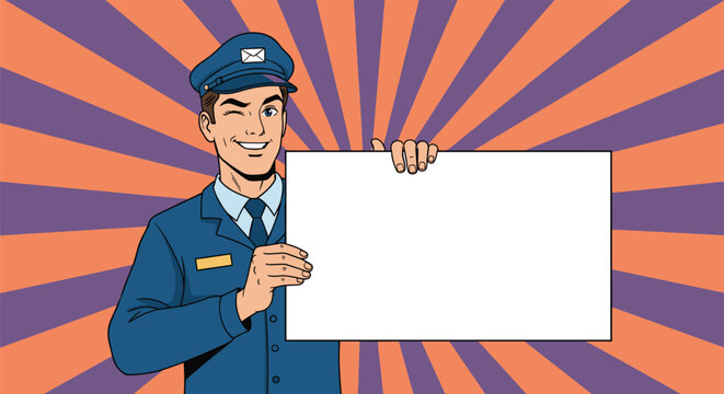 Friendly postman in blue uniform and cap winking and holding a large blank white sign against a colorful radial background.