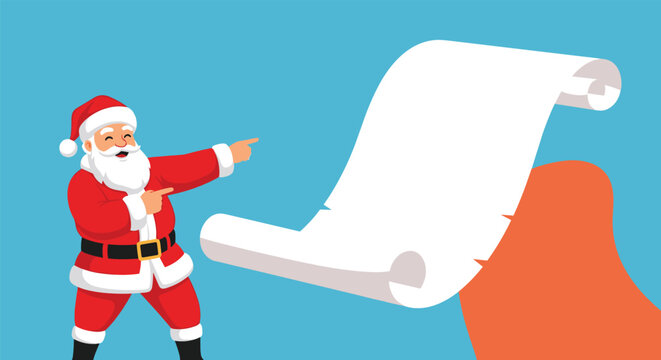Cheerful Santa Claus pointing to a huge blank white scroll for a Christmas wishlist or naughty and nice list.