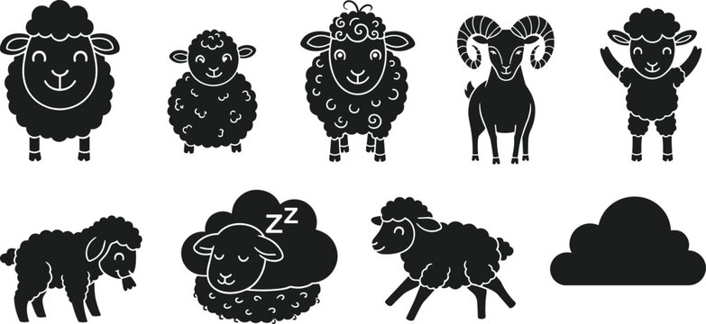 Set of Cute Kawaii Sheep and Lamb Silhouettes Featuring Happy Sleeping and Playful Characters for Kids Nursery Decor Childrens Stickers and Creative Cartoon Graphic Designs