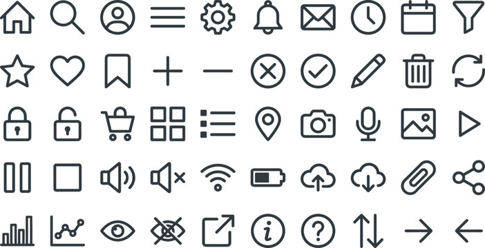 Essential user interface and dashboard linear vector icon set featuring general web nav elements settings notification media controls and system buttons.