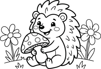Cheerful cartoon hedgehog holding mushroom with flowers and grass, cute black and white line drawing illustration perfect for coloring pages, children’s artwork, and nature design © Adib