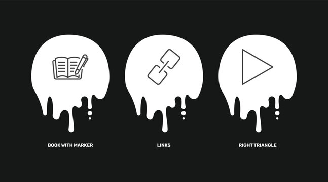 education and science icon set with book with marker, links, right triangle signs in flat outline style
